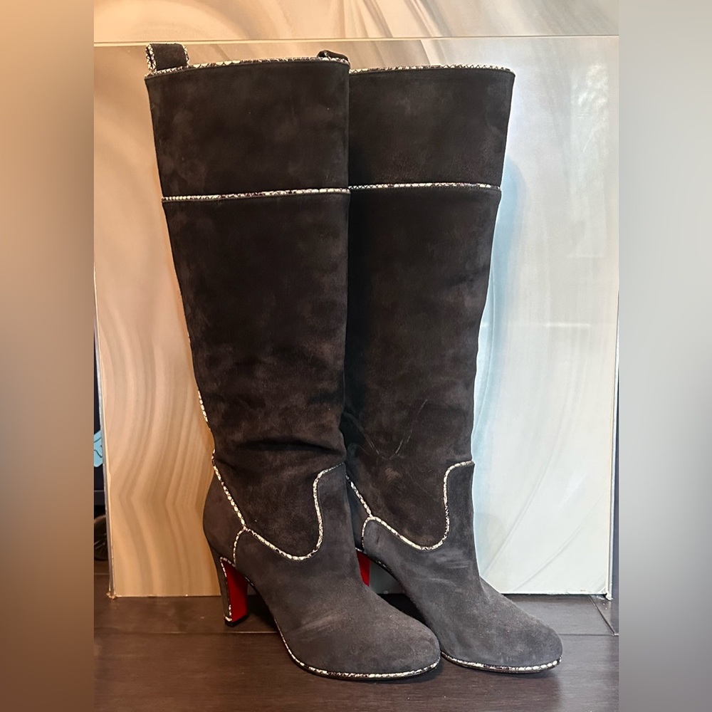 Christian Louboutin suede knee high boots. Snake leather print details